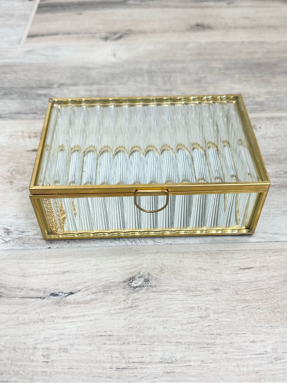 Fluted Ribbed Glass Jewelry Trinket Box with Gold Trim